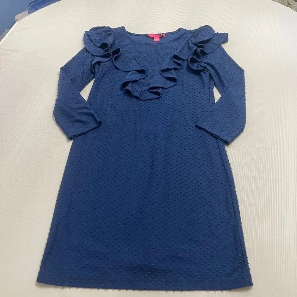 Lilly Pulitzer Pheby Oyster Bay Navy Blue Cozy Knit Swiss Dot Ruffle Dress Small